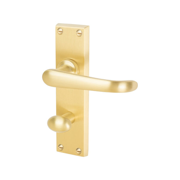 Windsor Door Handles On Plate Bathroom Handle in Satin Brass