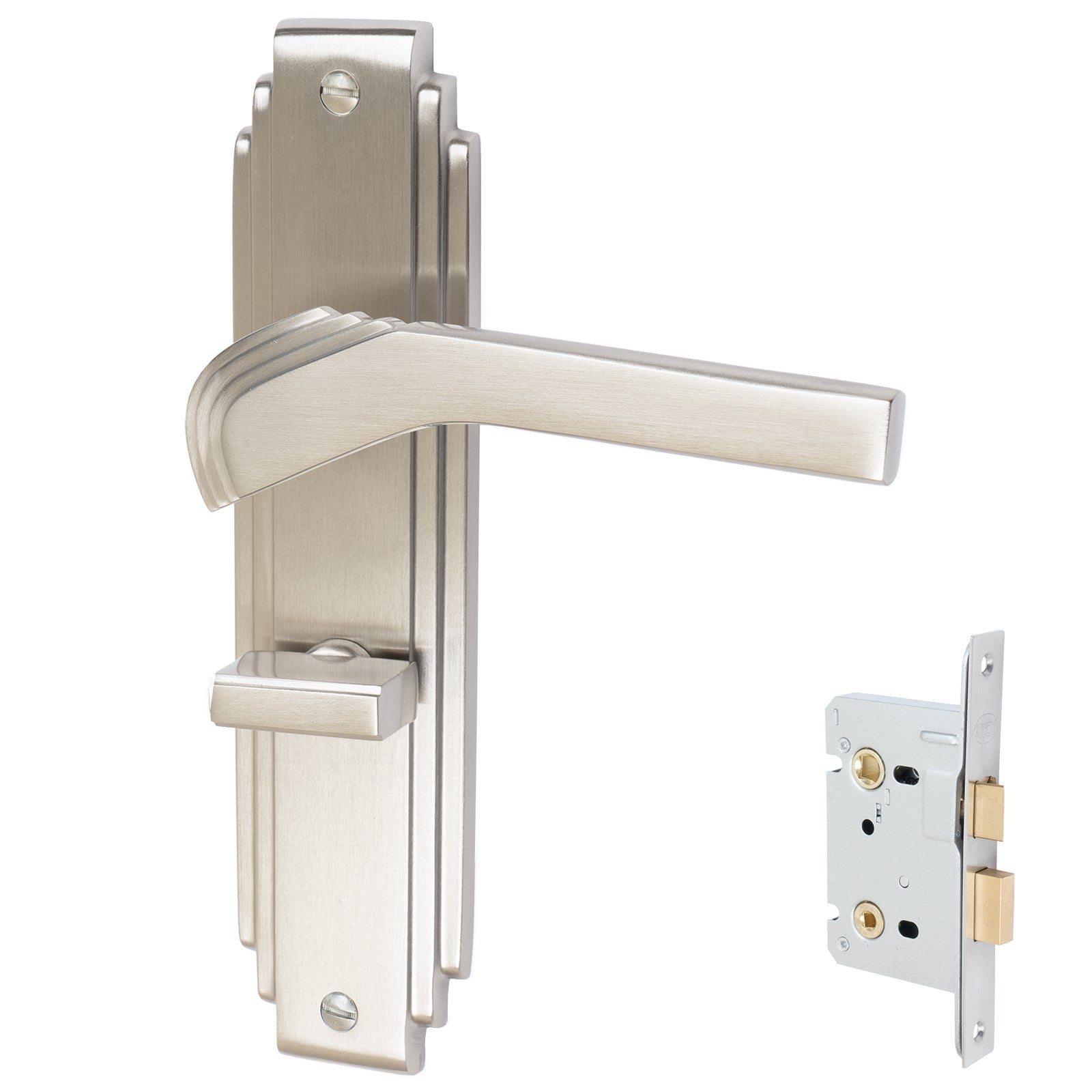 Tiffany Door Handles On Plate Bathroom Handle Set in Satin Nickel