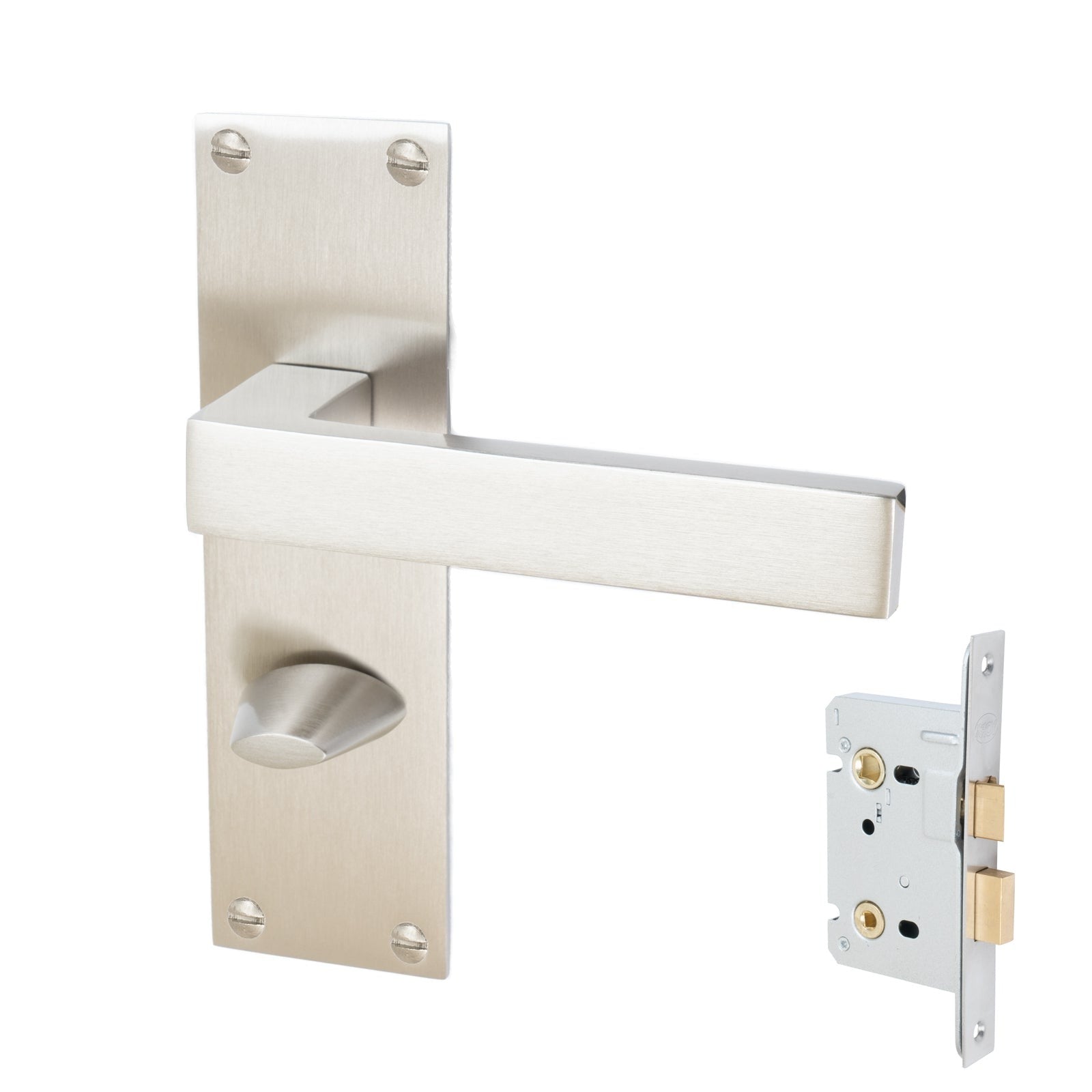 Metro Door Handles On Plate Bathroom Handle Set in Satin Nickel