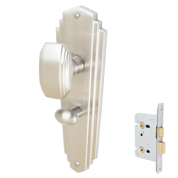 Charlston Door Handles On Plate Bathroom Handle Set in Satin Nickel