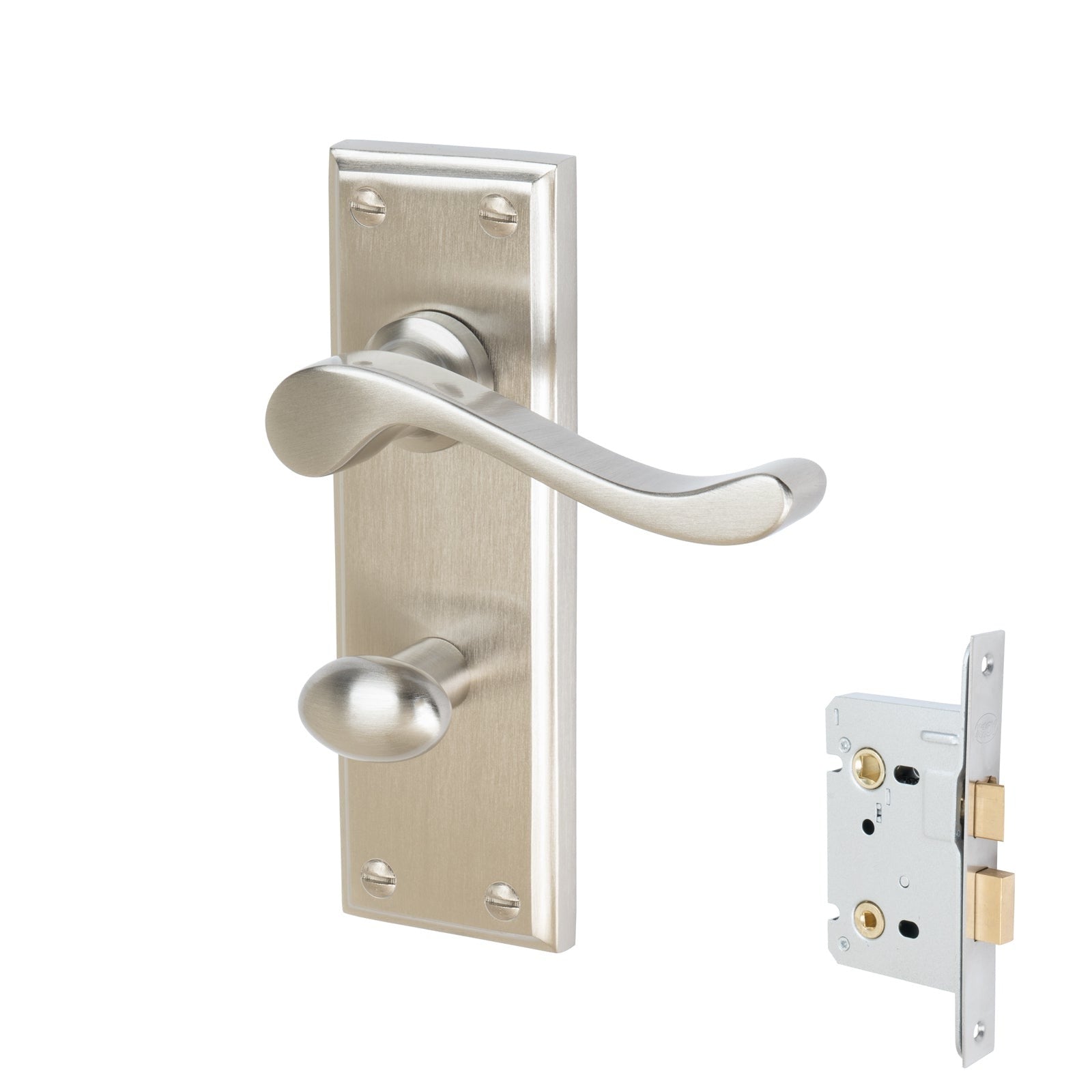 Edwardian Door Handles On Plate Bathroom Handle Set in Satin Nickel