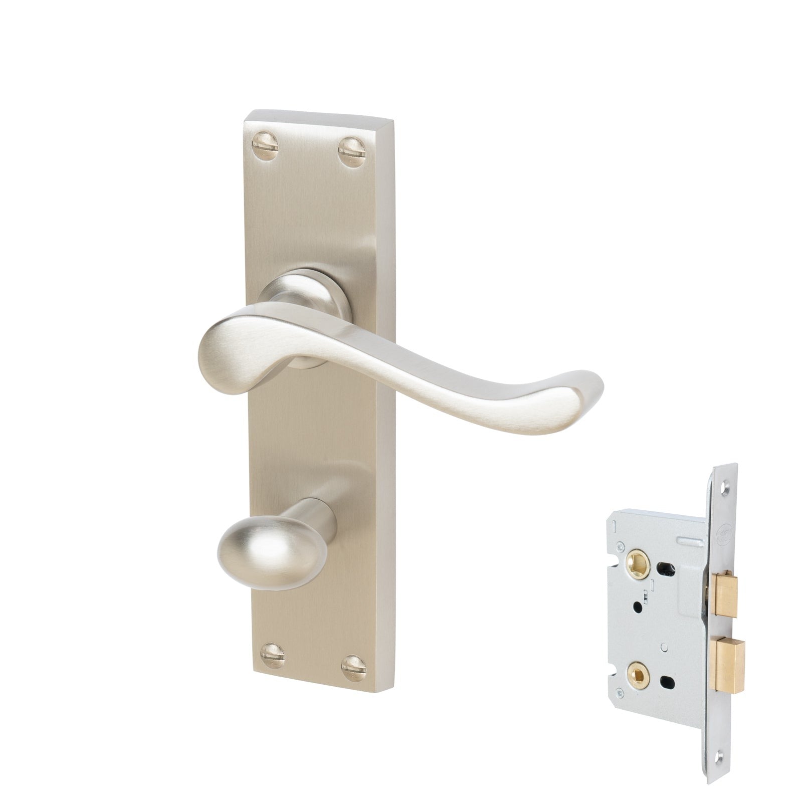 Bedford Door Handles On Plate Bathroom Handle Set in Satin Nickel