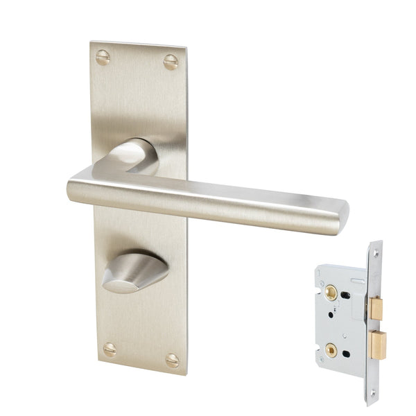 Trident Door Handles On Plate Bathroom Handle Set in Satin Nickel