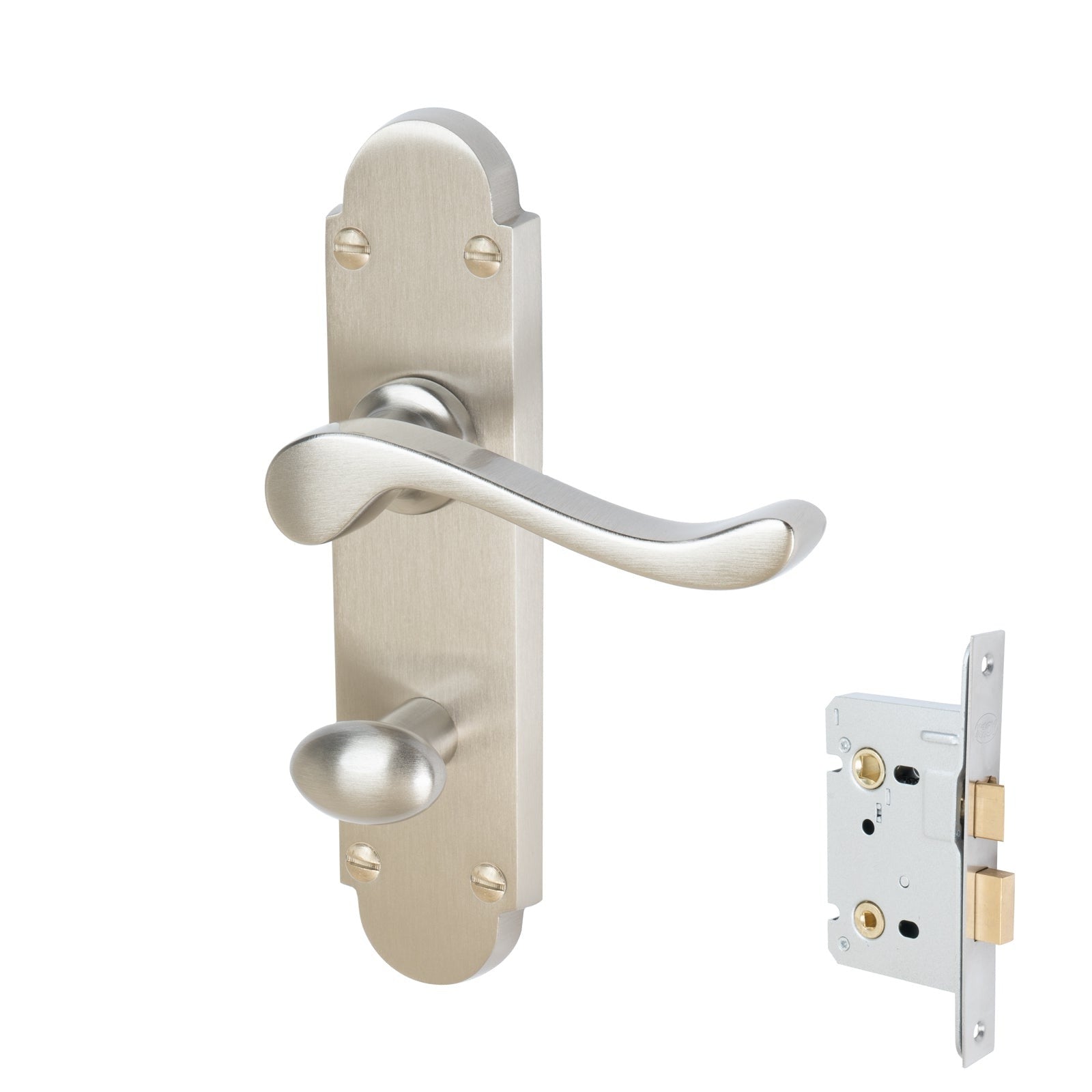 Savoy Door Handles On Plate Bathroom Handle Set in Satin Nickel