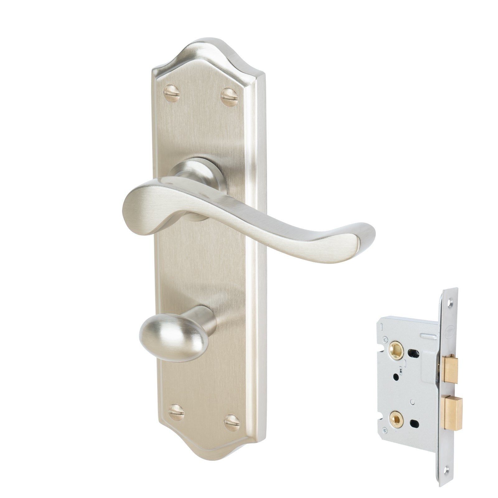 Buckingham Door Handles On Plate Bathroom Handle Set in Satin Nickel