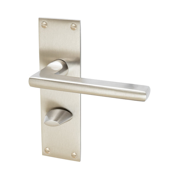 Trident Door Handles On Plate Bathroom Handle in Satin Nickel 