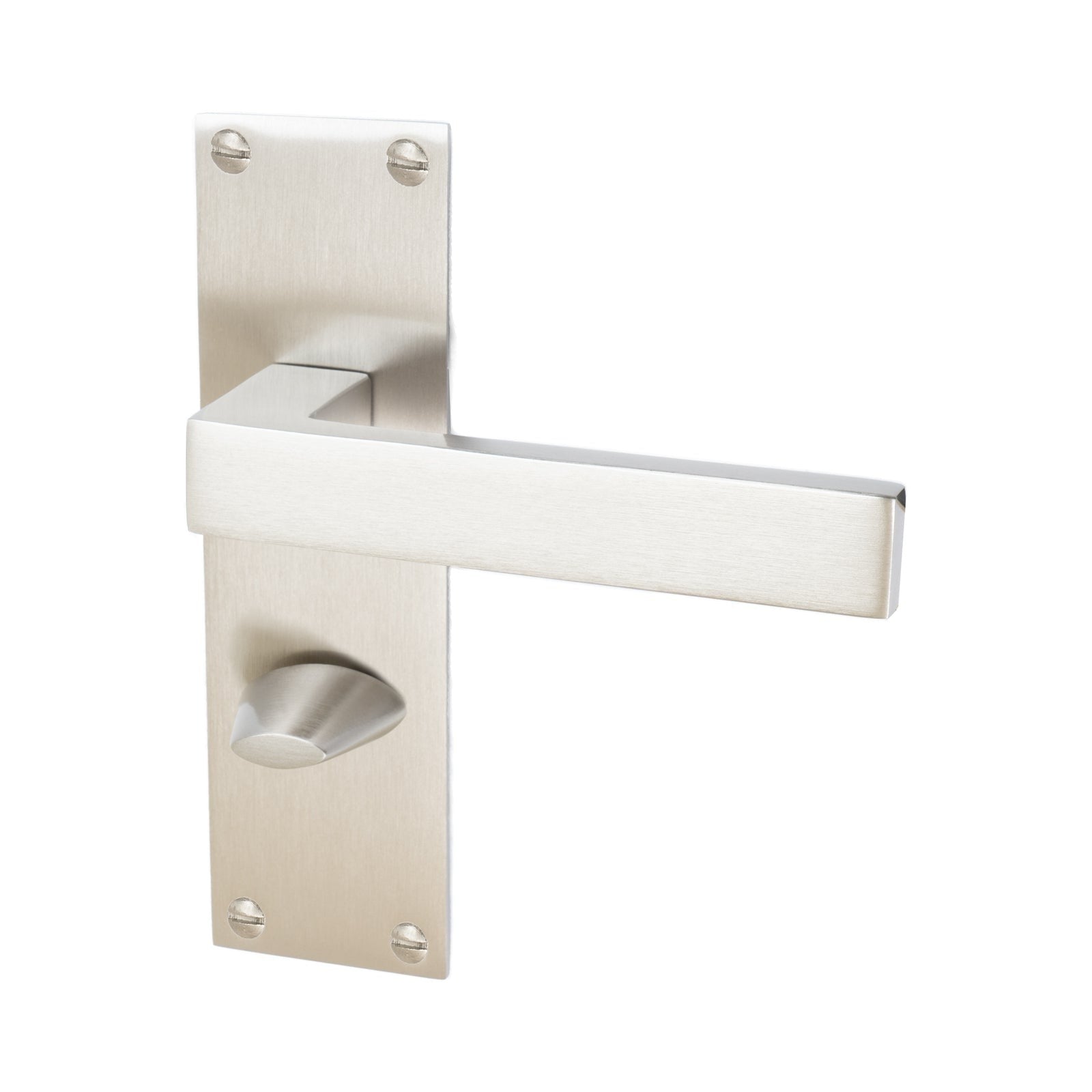 Metro Door Handles On Plate Bathroom Handle in Satin Nickel 
