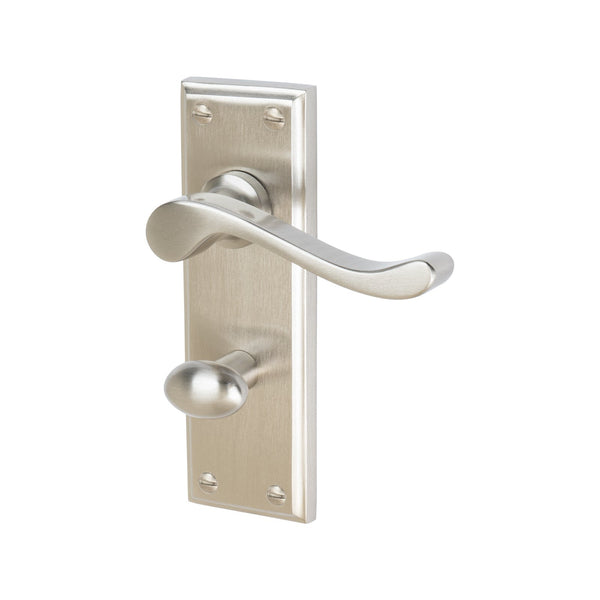 Edwardian Door Handles On Plate Bathroom Handle in Satin Nickel 