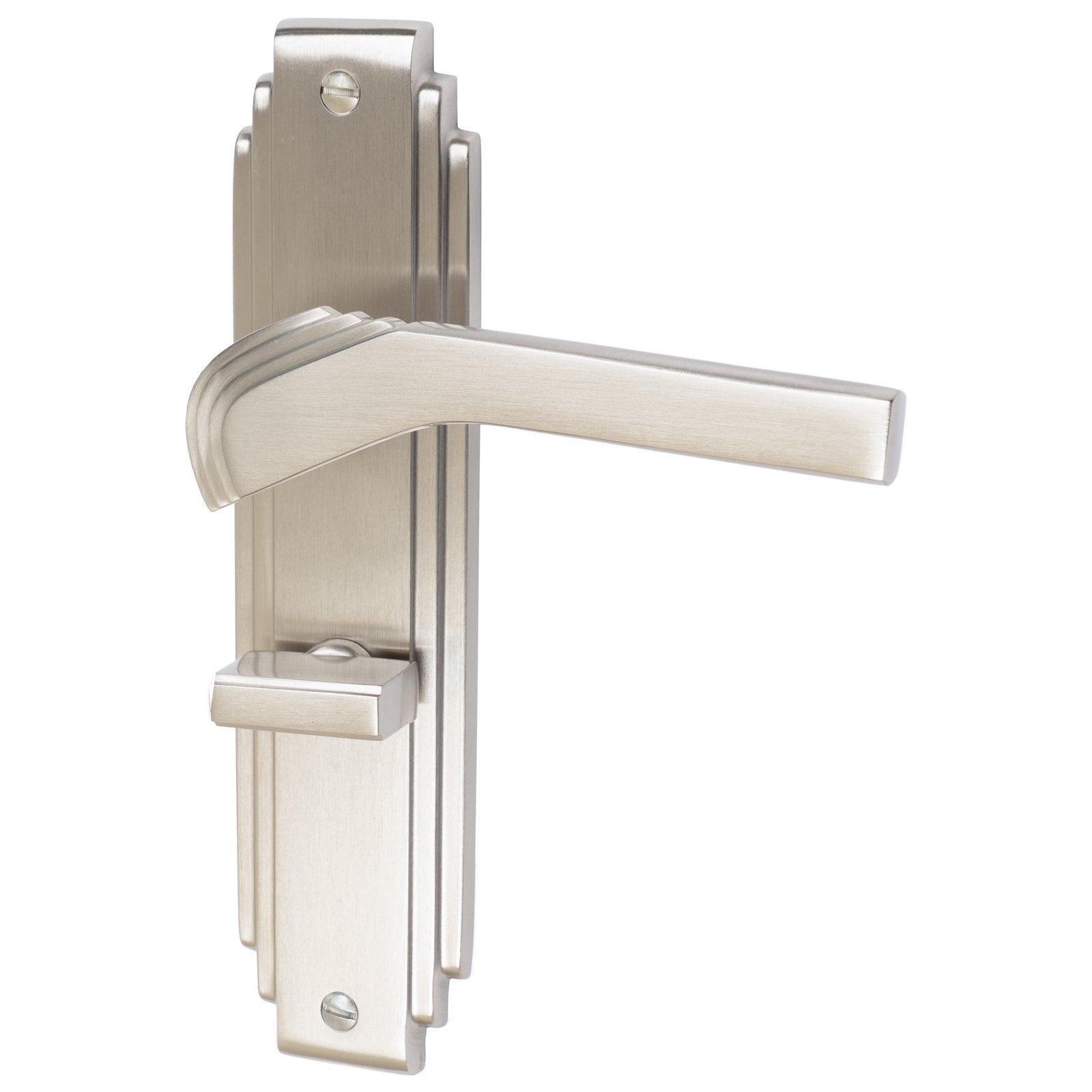 Tiffany Door Handles On Plate Bathroom Handle in Satin Nickel 