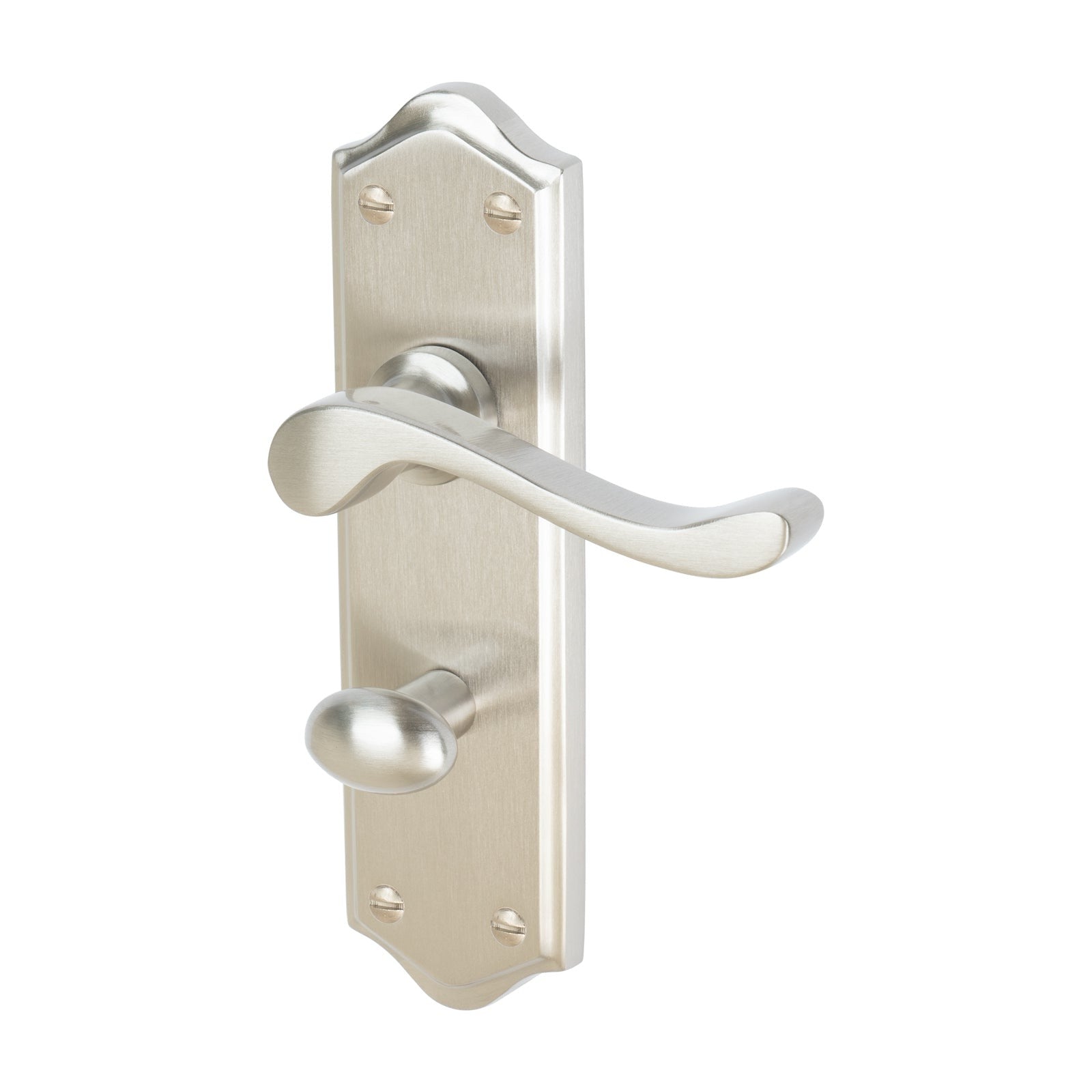 Buckingham Door Handles On Plate Bathroom Handle in Satin Nickel 