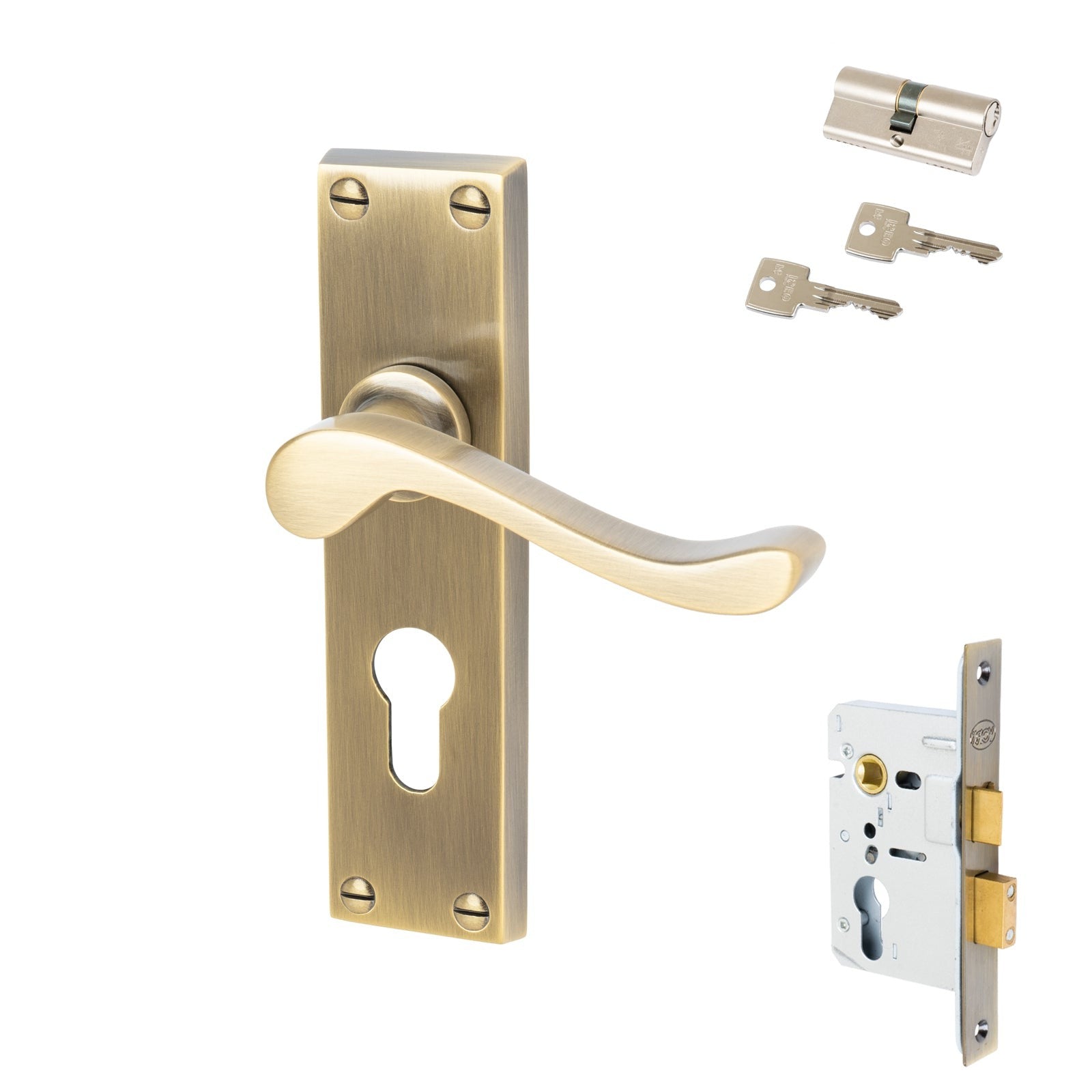 Bedford Door Handles On Plate Euro Lock Handle Set in Aged Brass