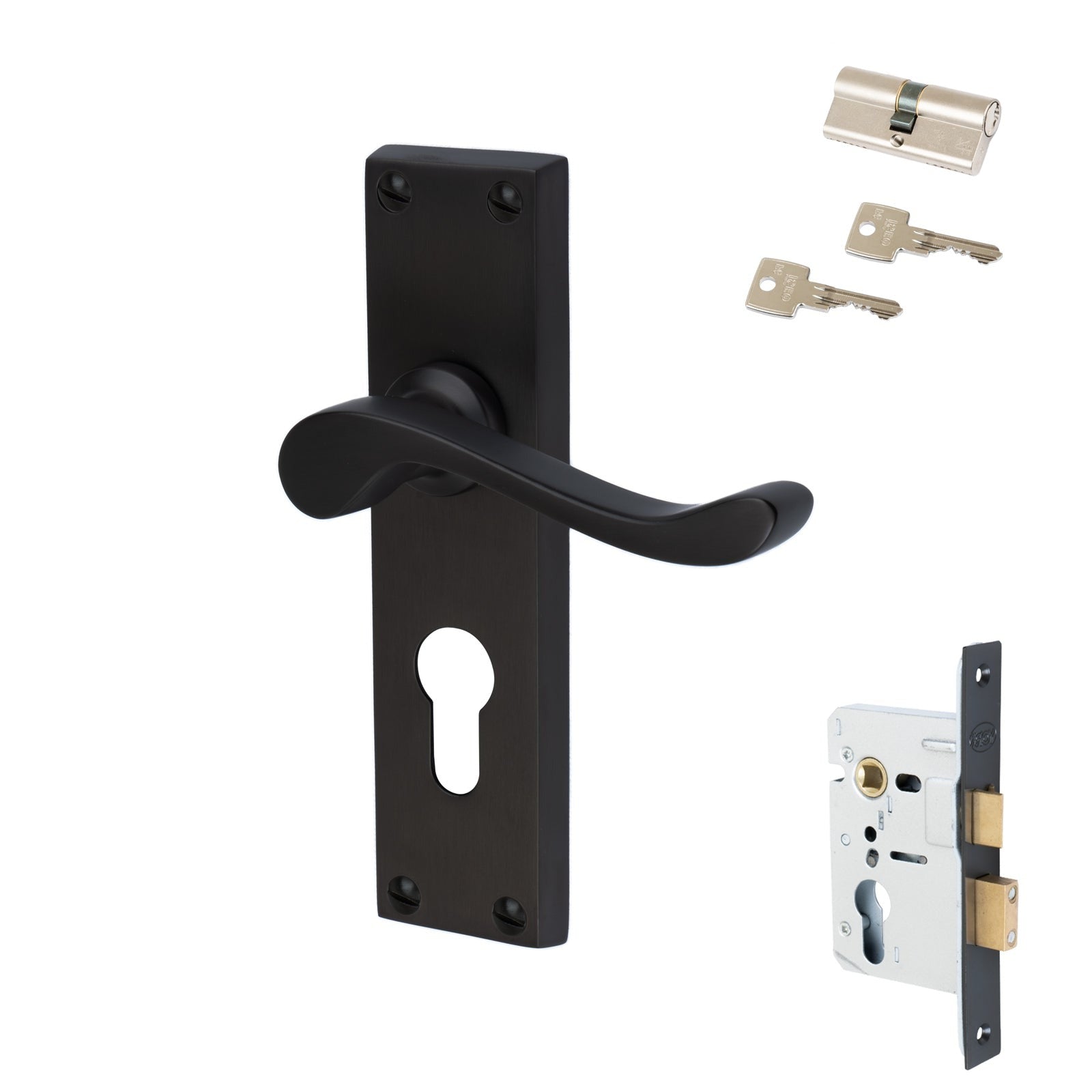 Bedford Door Handles On Plate Euro Lock Handle Set in Matt Bronze 