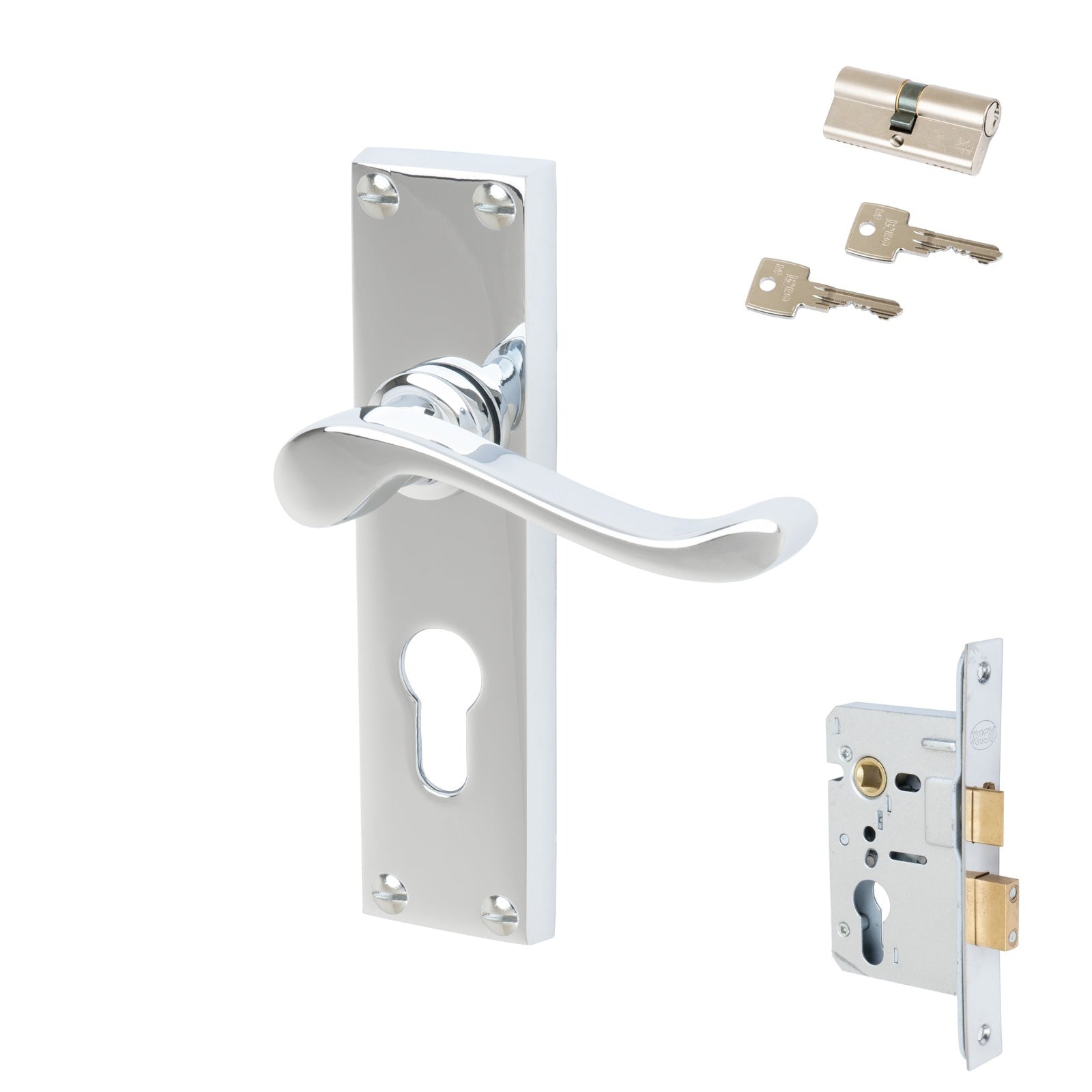 Bedford Door Handles On Plate Euro Lock Handle Set in Polished Chrome