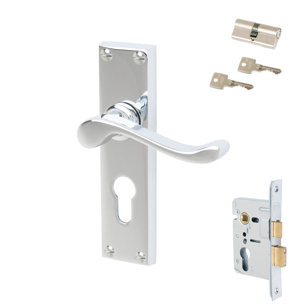 Bedford Door Handles On Plate Euro Lock Handle Set in Polished Chrome