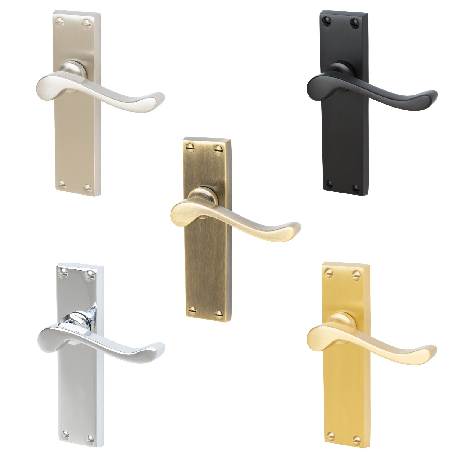 Bedford Door Handles On Plate Latch Handle in Matt Bronze, Satin Nickel, Polished Chrome, Satin Brass and Aged Brass.