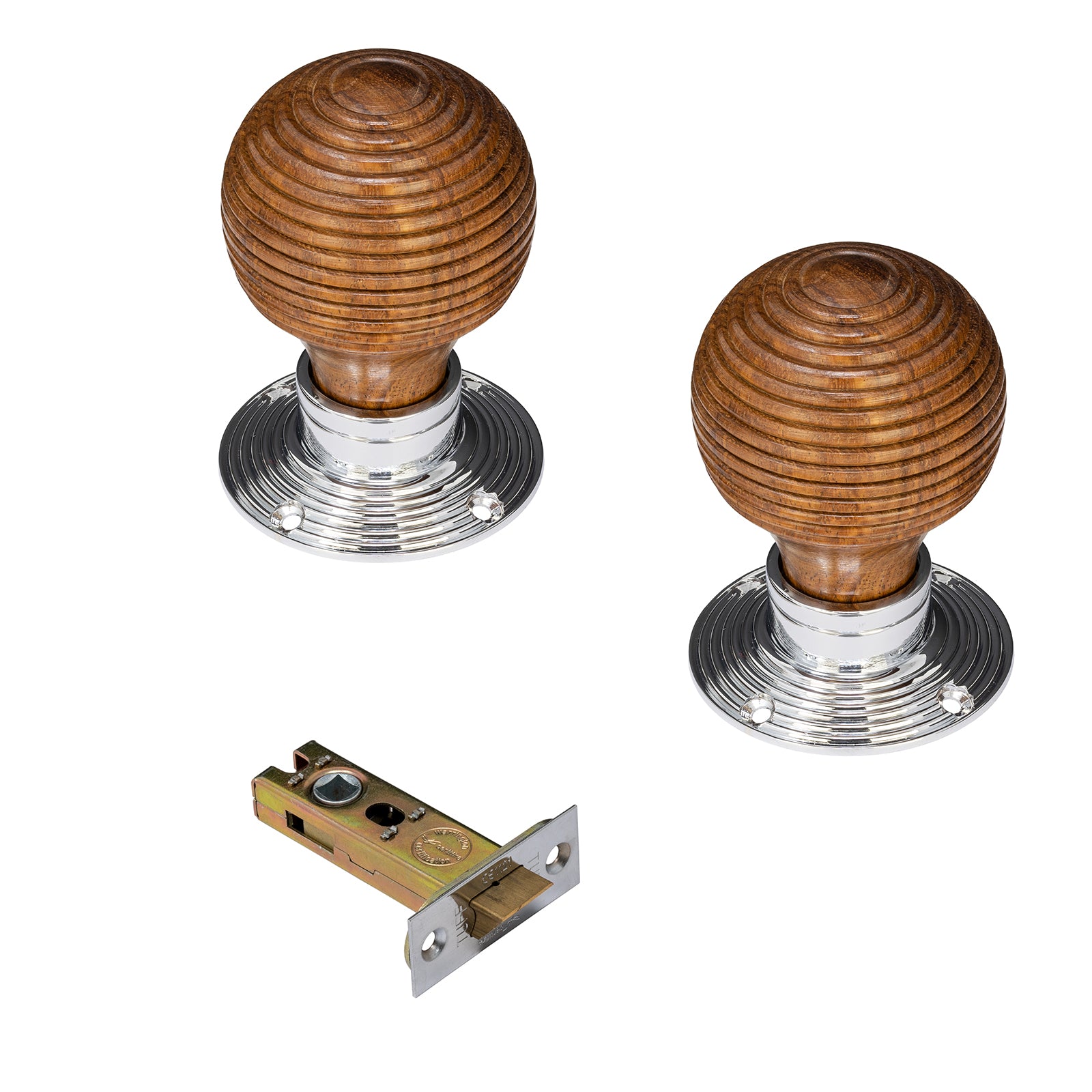 wood and chrome beehive door knob latch set