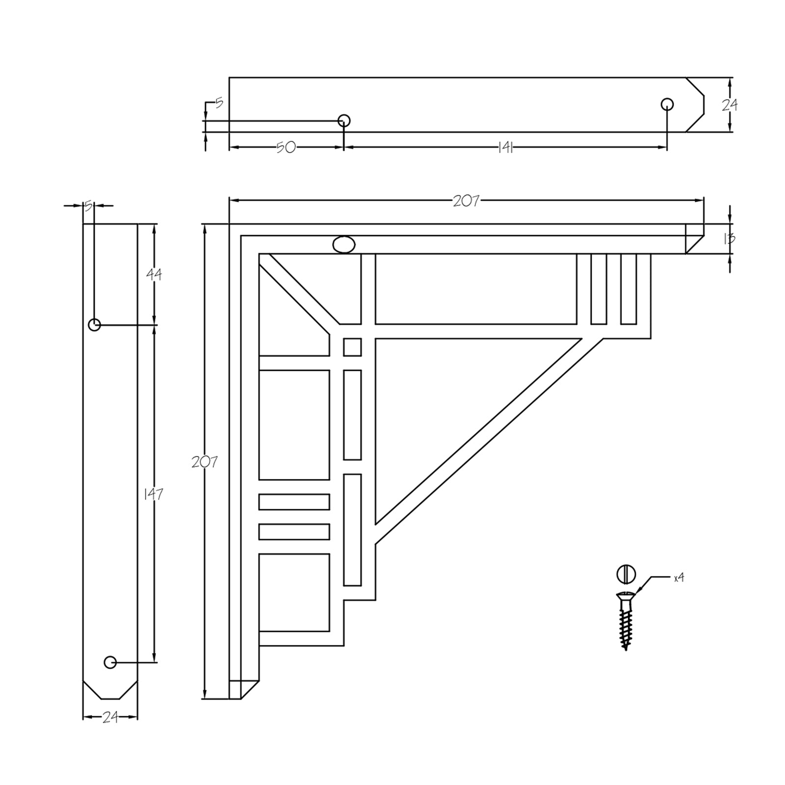 Dimension drawing for art deco shelf bracket SHOW