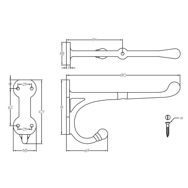 dimension drawing of black hook shelf bracket SHOW