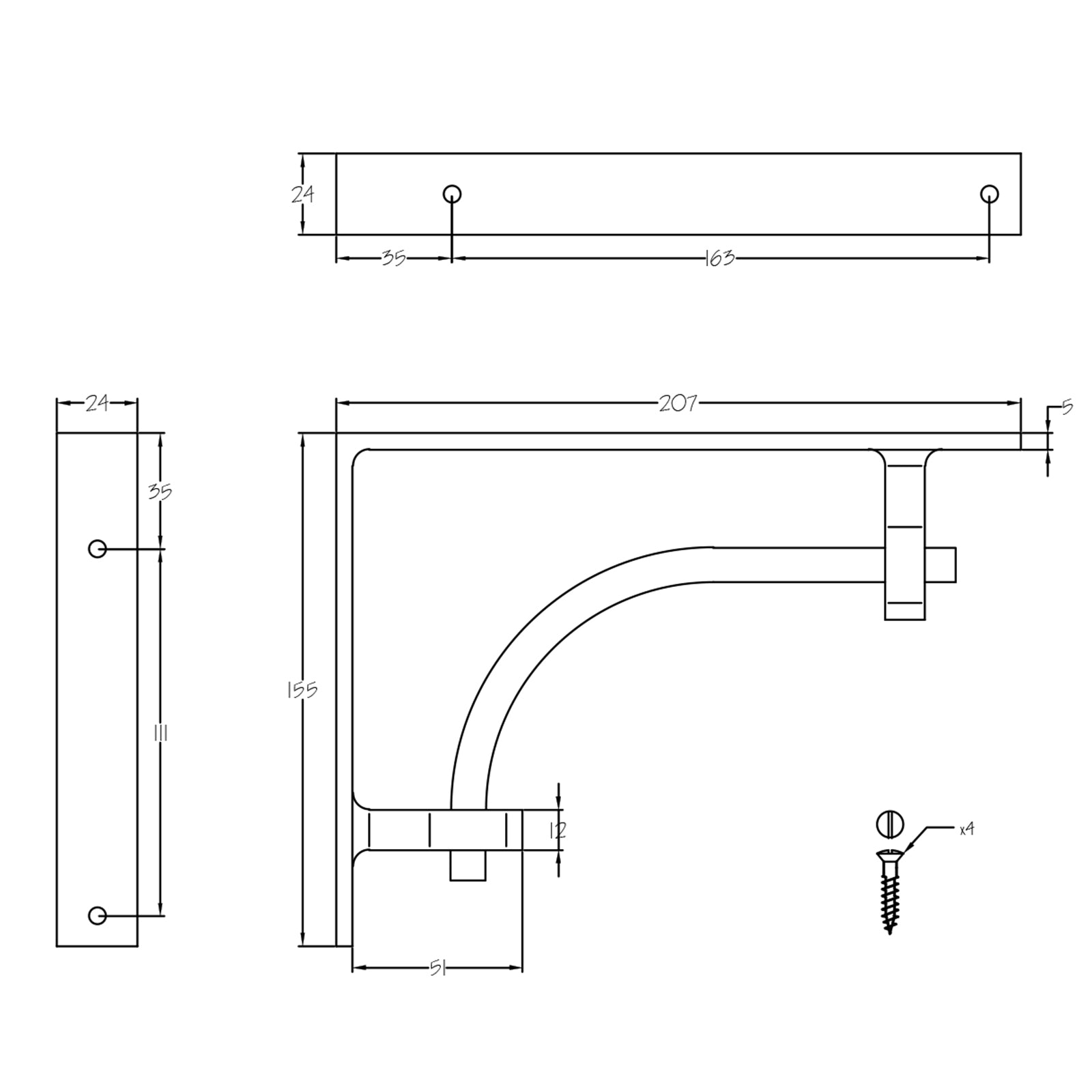 Dimension drawing of industrial black shelf bracket SHOW