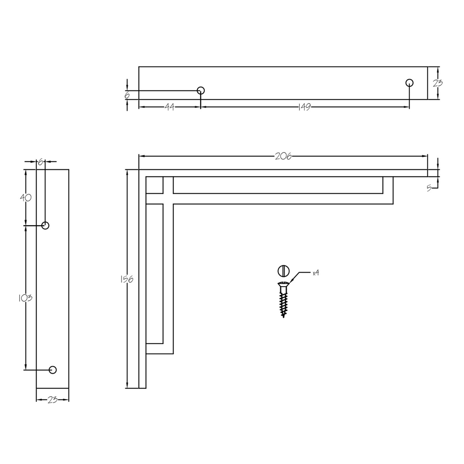 dimension drawing for art deco narrow shelf bracket SHOW