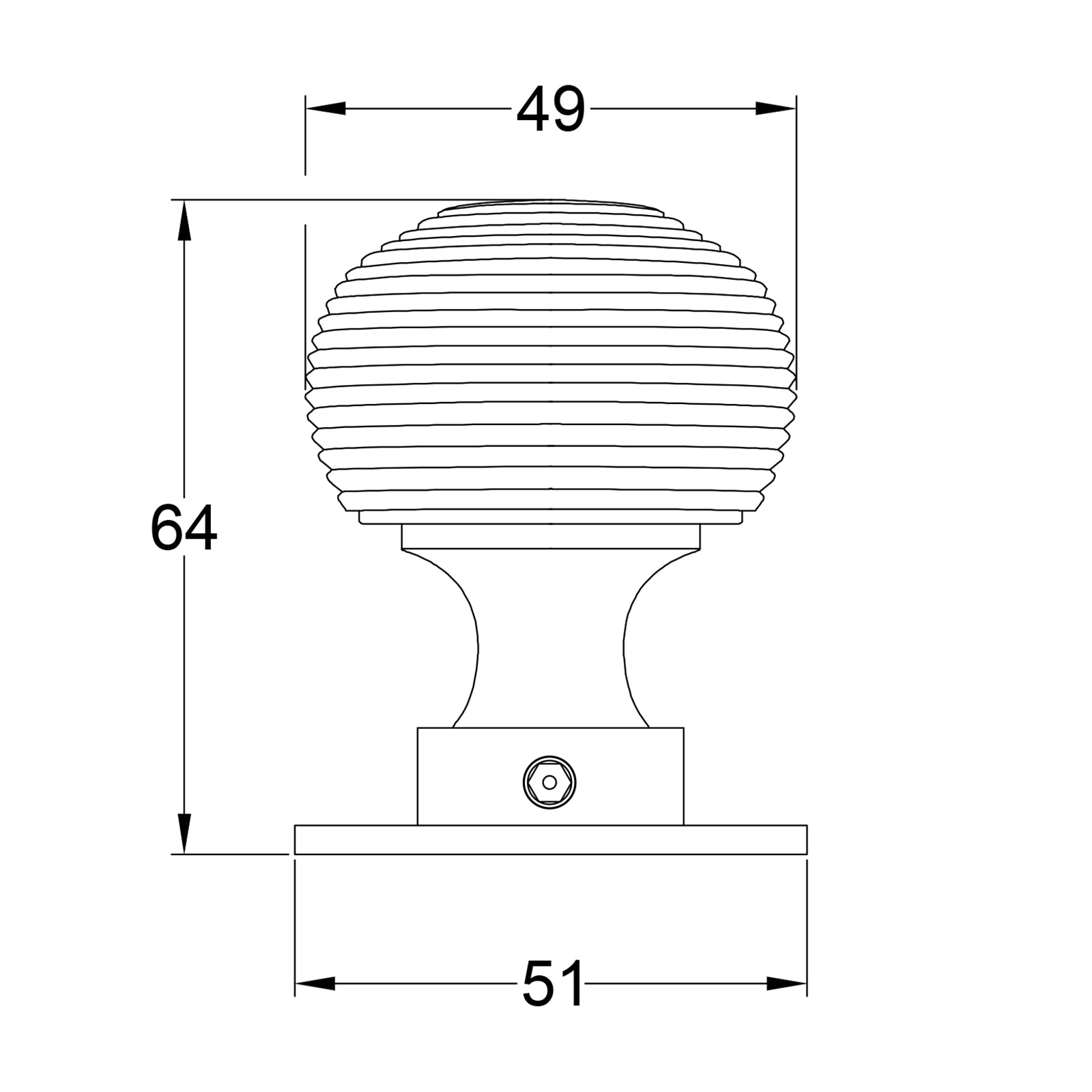 Dimension drawing of Beehive Bronze door knob SHOW