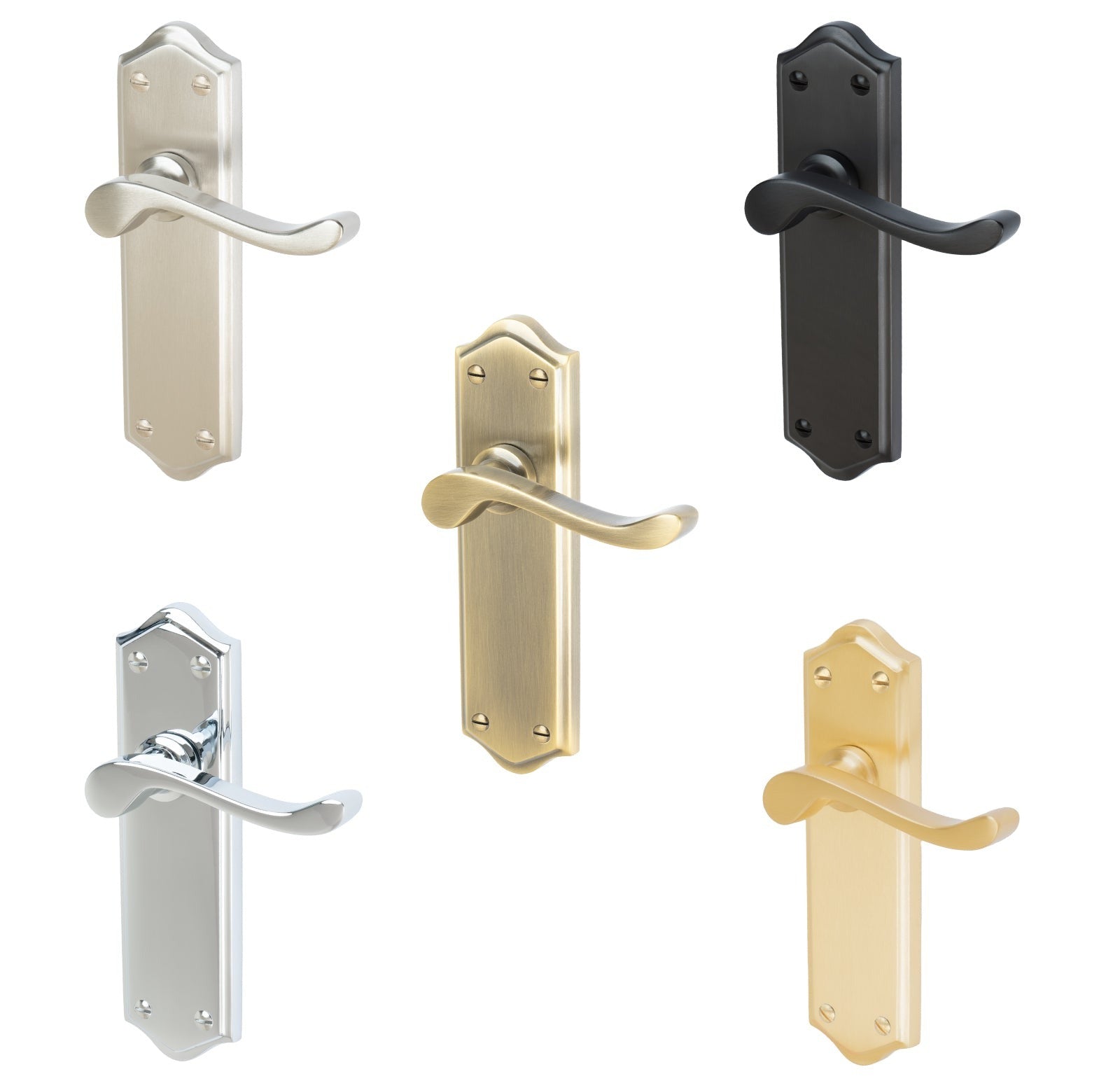 Buckingham Door Handles On Plate Latch Handle in Matt Bronze, Satin Nickel, Polished Chrome, Satin Brass and Aged Brass.