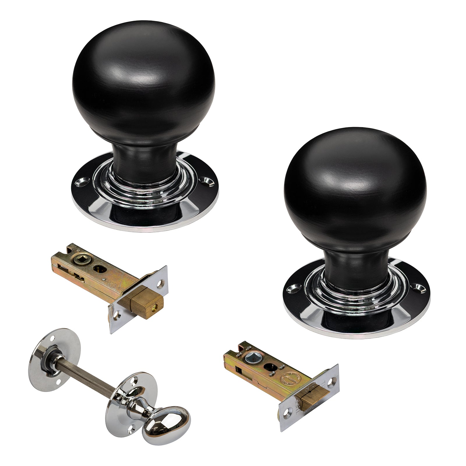 Bun Door Knobs Ebonised & Chrome bathroom set