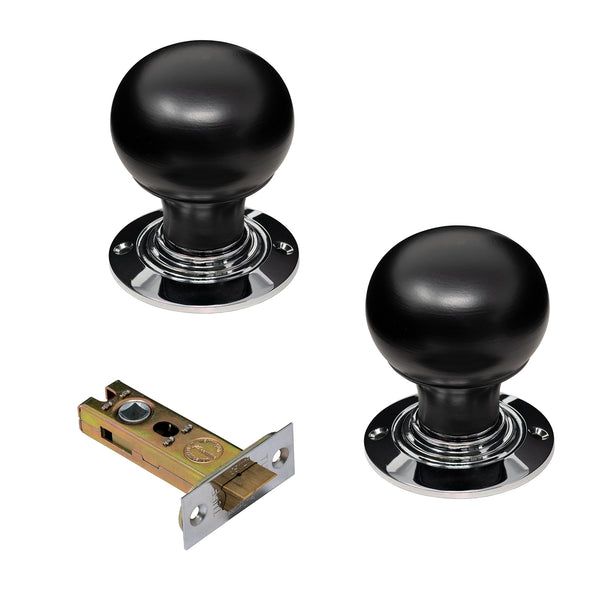 Bun Door Knobs Ebonised & Chrome latch set