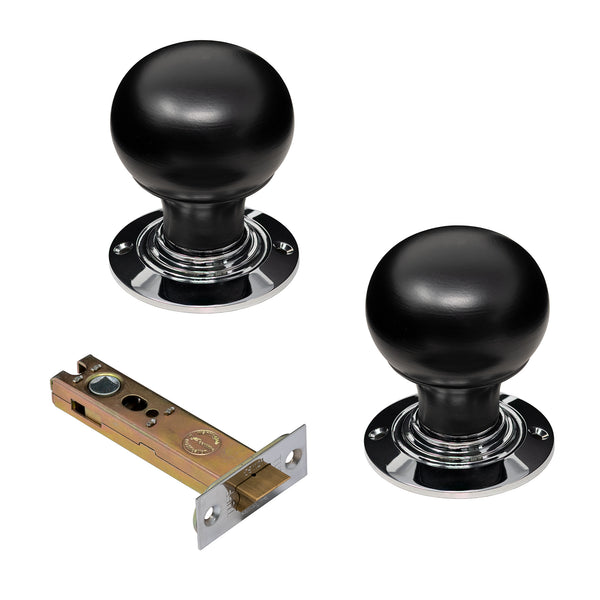Bun Door Knobs Ebonised & Chrome latch set