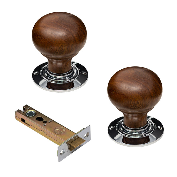 Bun Door Knobs Rosewood & Chrome latch set