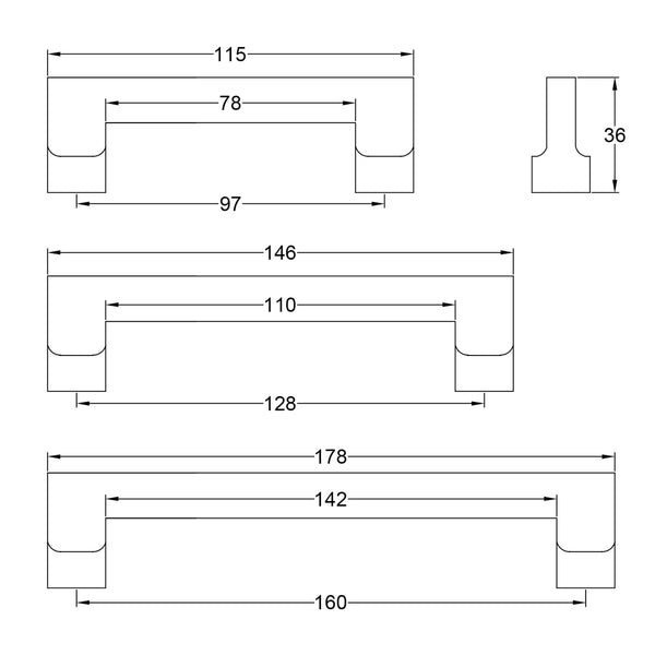 Dimension drawings for Apollo Pull Handles SHOW