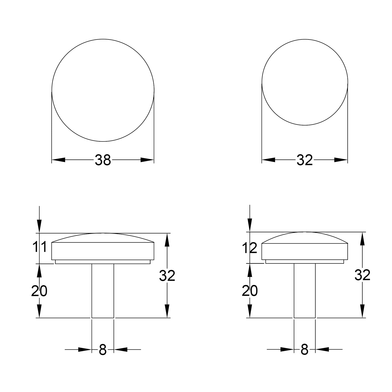 Round Hammered Cabinet Knobs dimension drawing SHOW