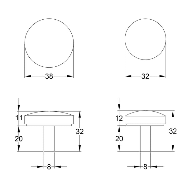 Round Hammered Cabinet Knobs dimension drawing SHOW