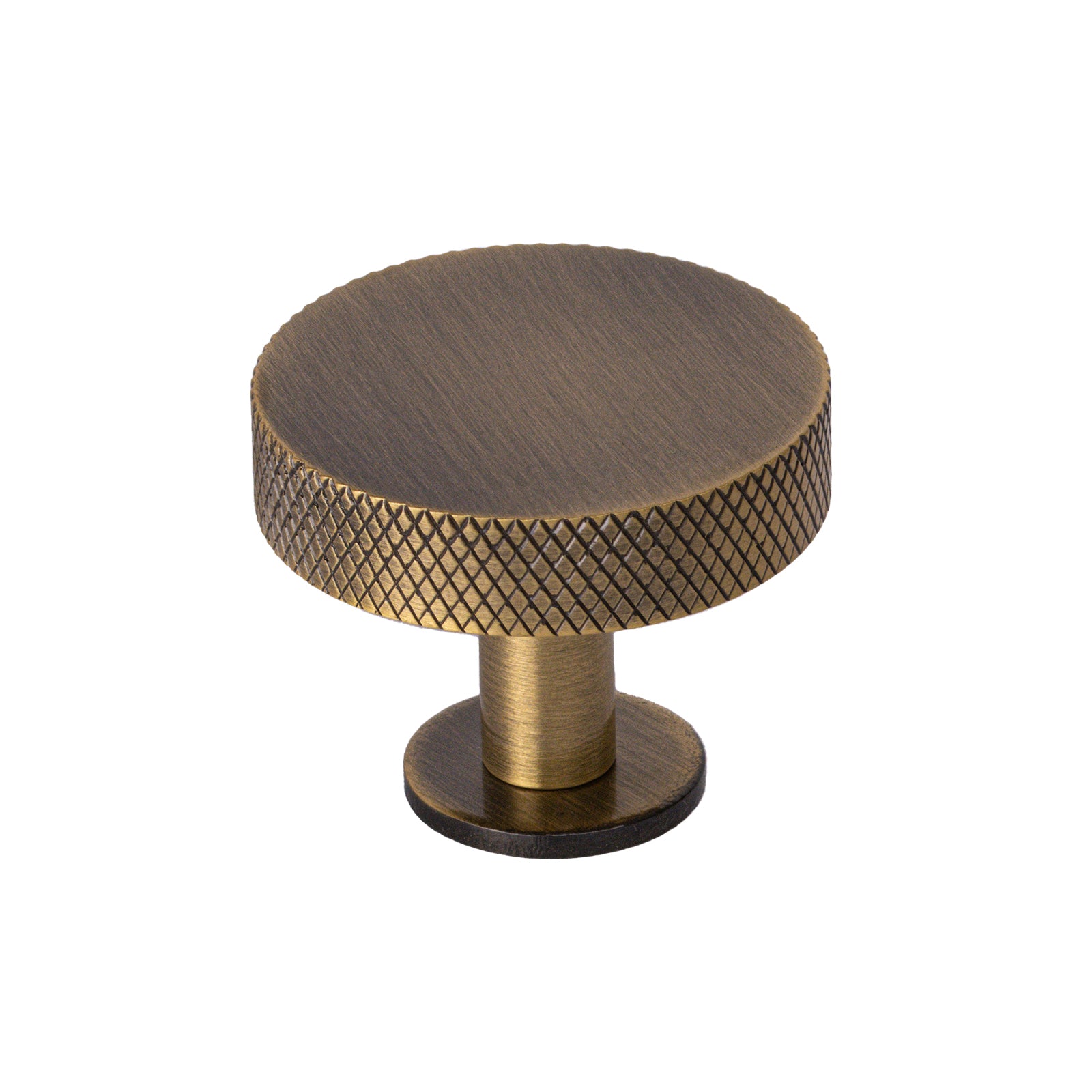 antique brass disc knurled cabinet knob, cupboard knob on rose