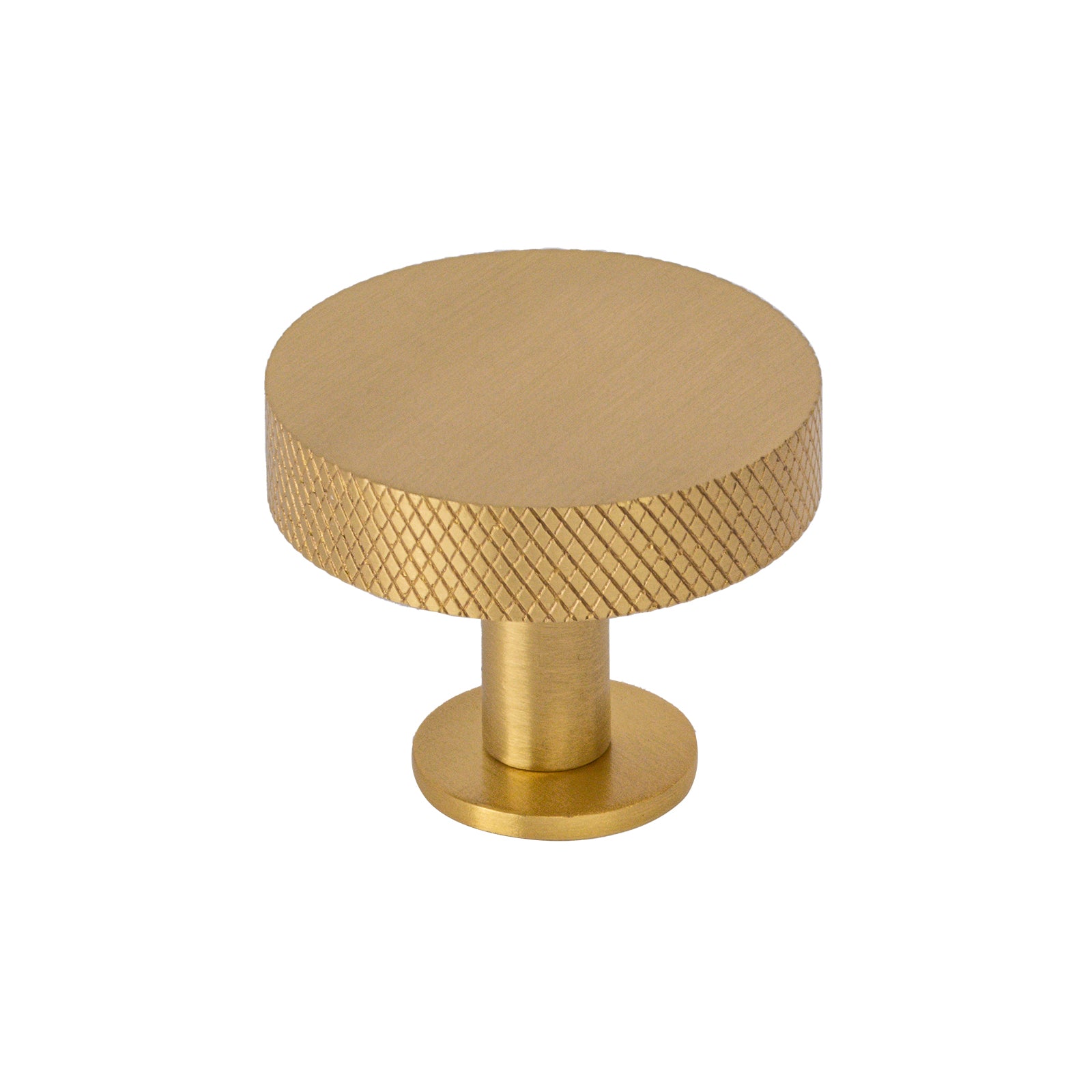 satin brass cabinet knob on rose, knurled cupboard knob