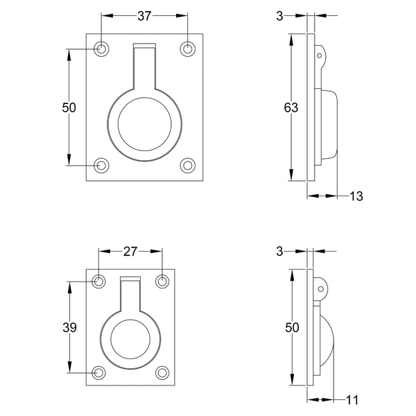 Flush Ring Cabinet Pulls dimension drawing SHOW