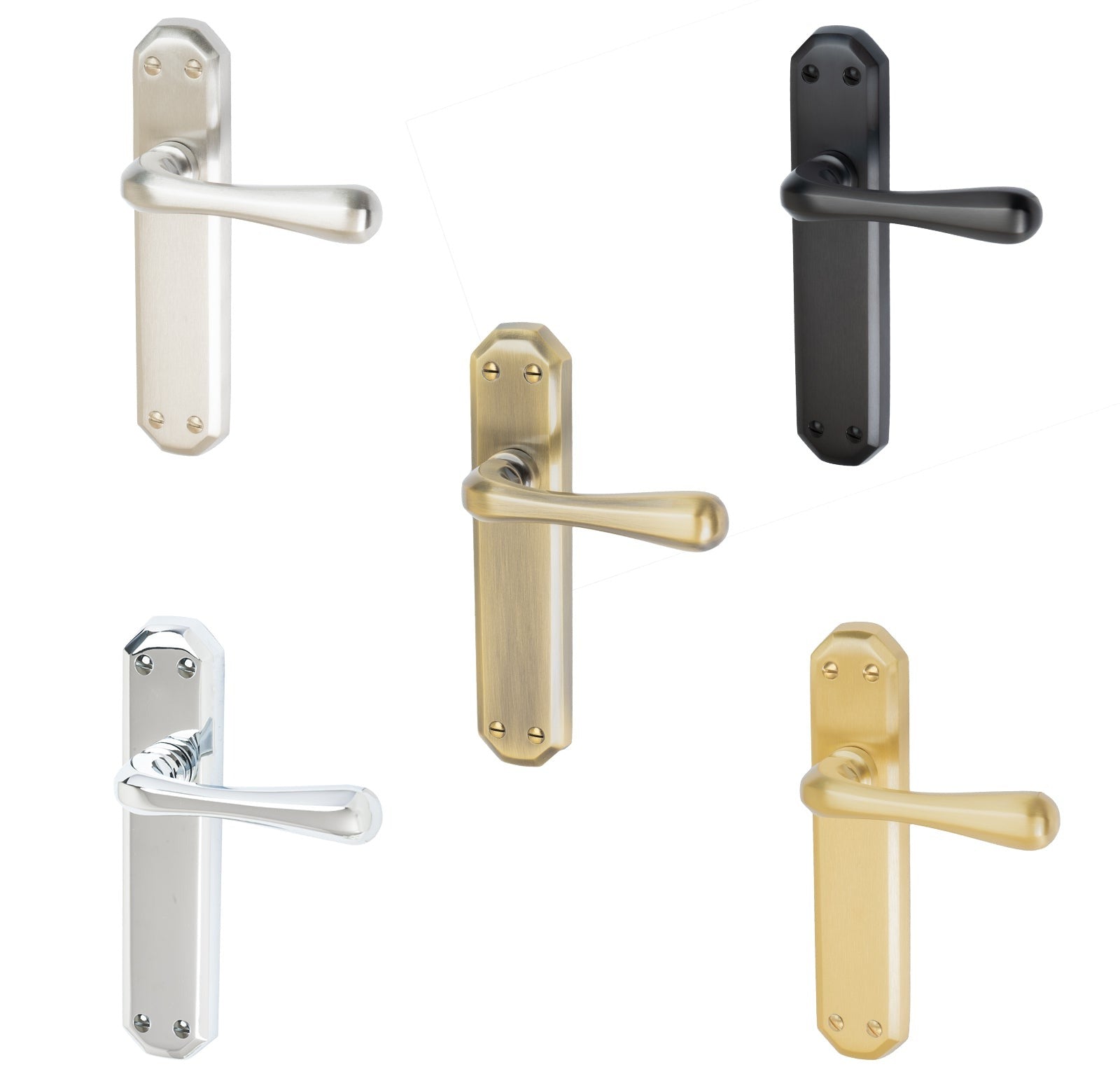 Charlbury Door Handles On Plate Latch Handle in Matt Bronze, Satin Nickel, Polished Chrome, Satin Brass and Aged Brass.