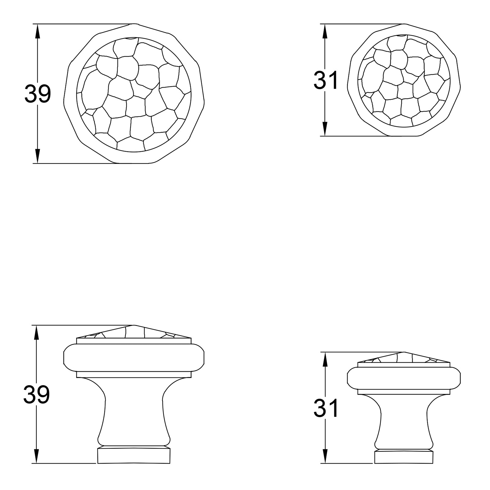 Cast iron mushroom hammered cabinet knob dimension drawing SHOW