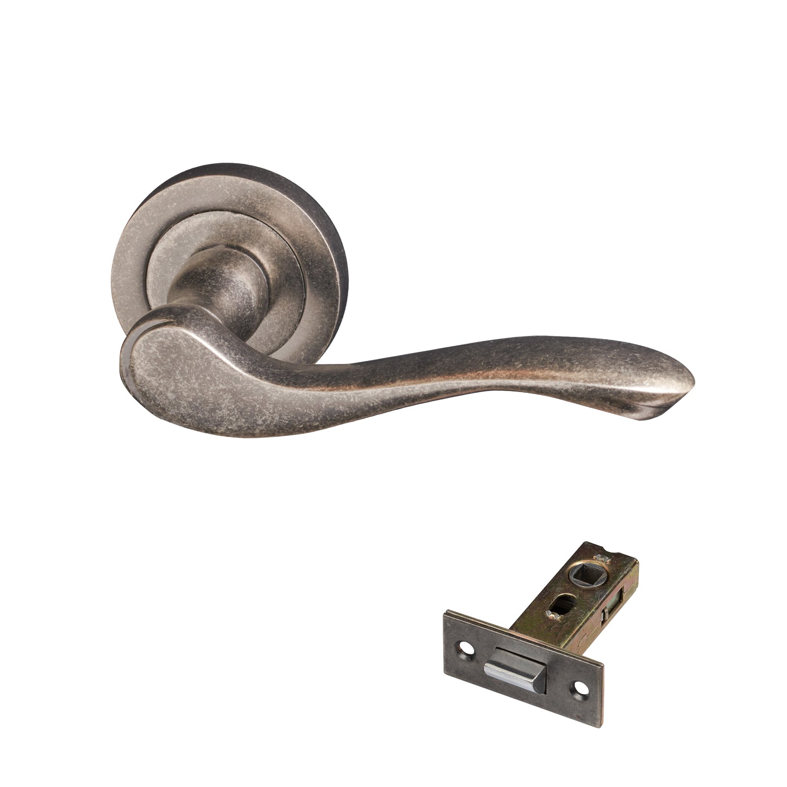 distressed silver round rose door handle latch set