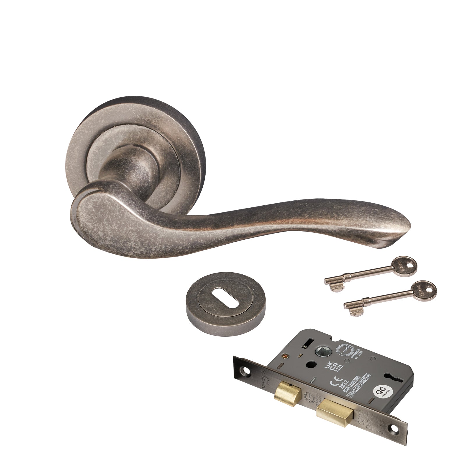 distressed silver round rose door handle lock set
