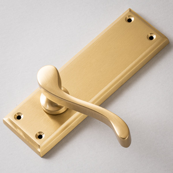 Edwardian Door Handles On Plate Latch Handle in Satin Brass 
