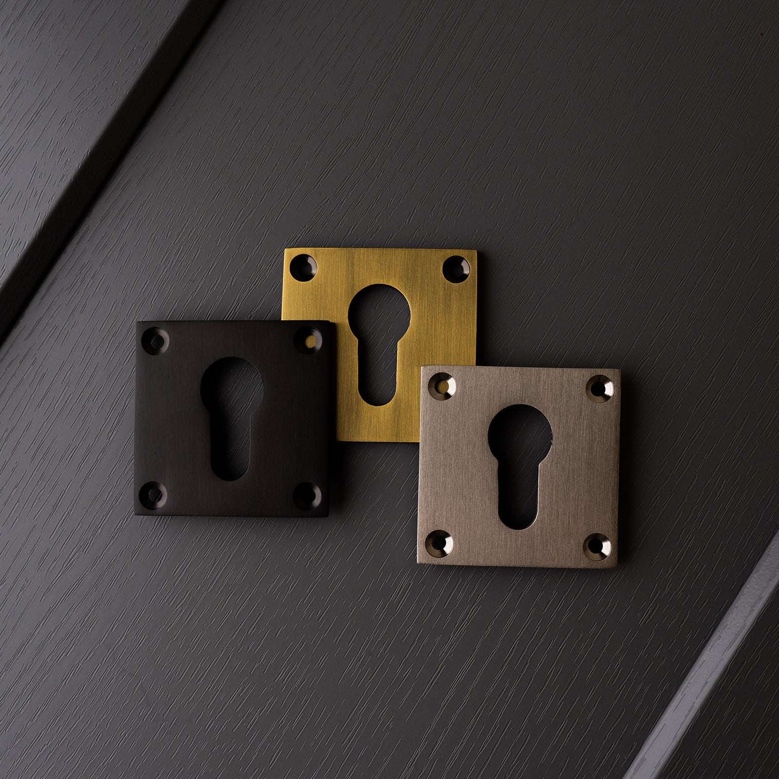 square euro profile screw on keyhole covers available in five finishes SHOW