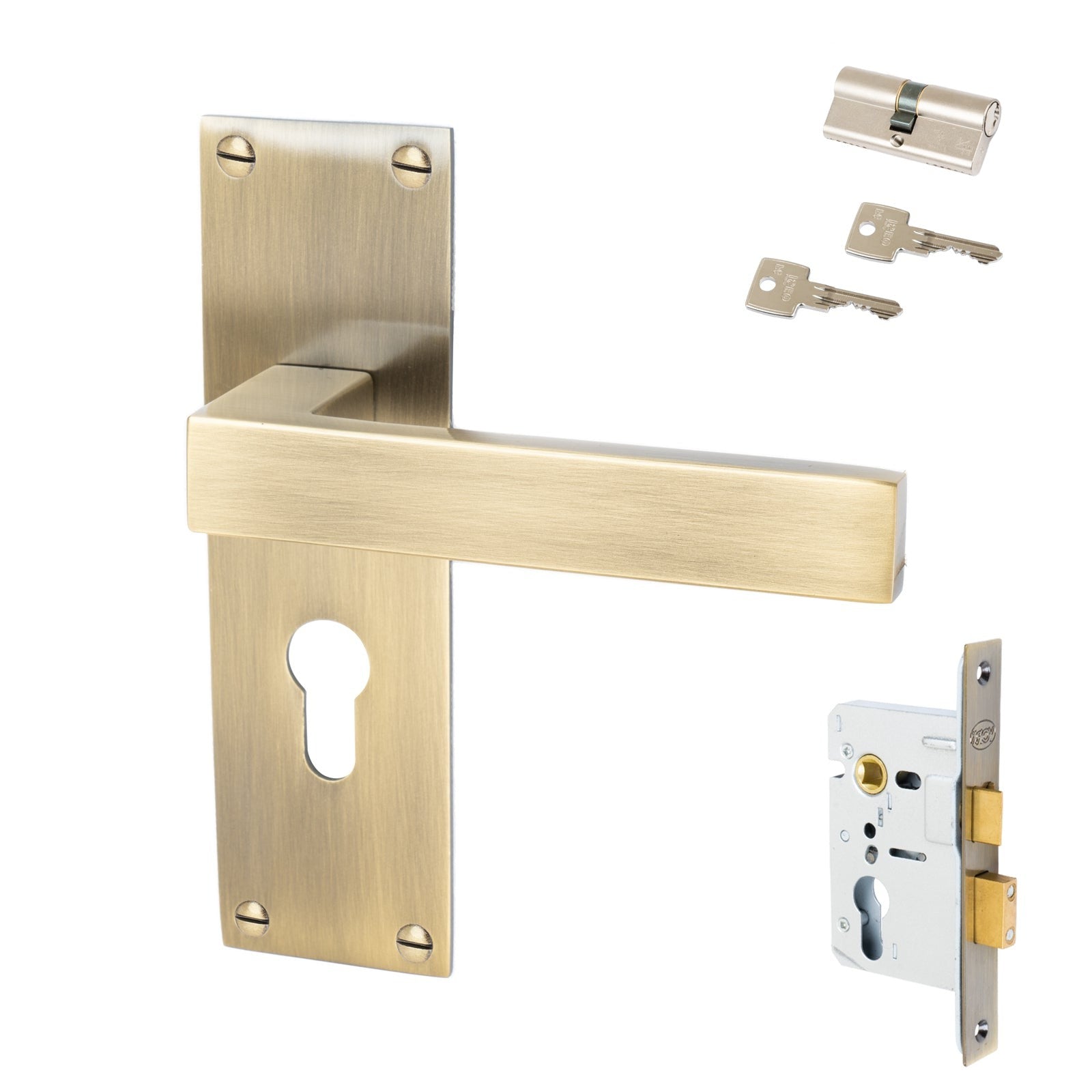 Metro Door Handles On Plate Euro Lock Handle Set in Aged Brass