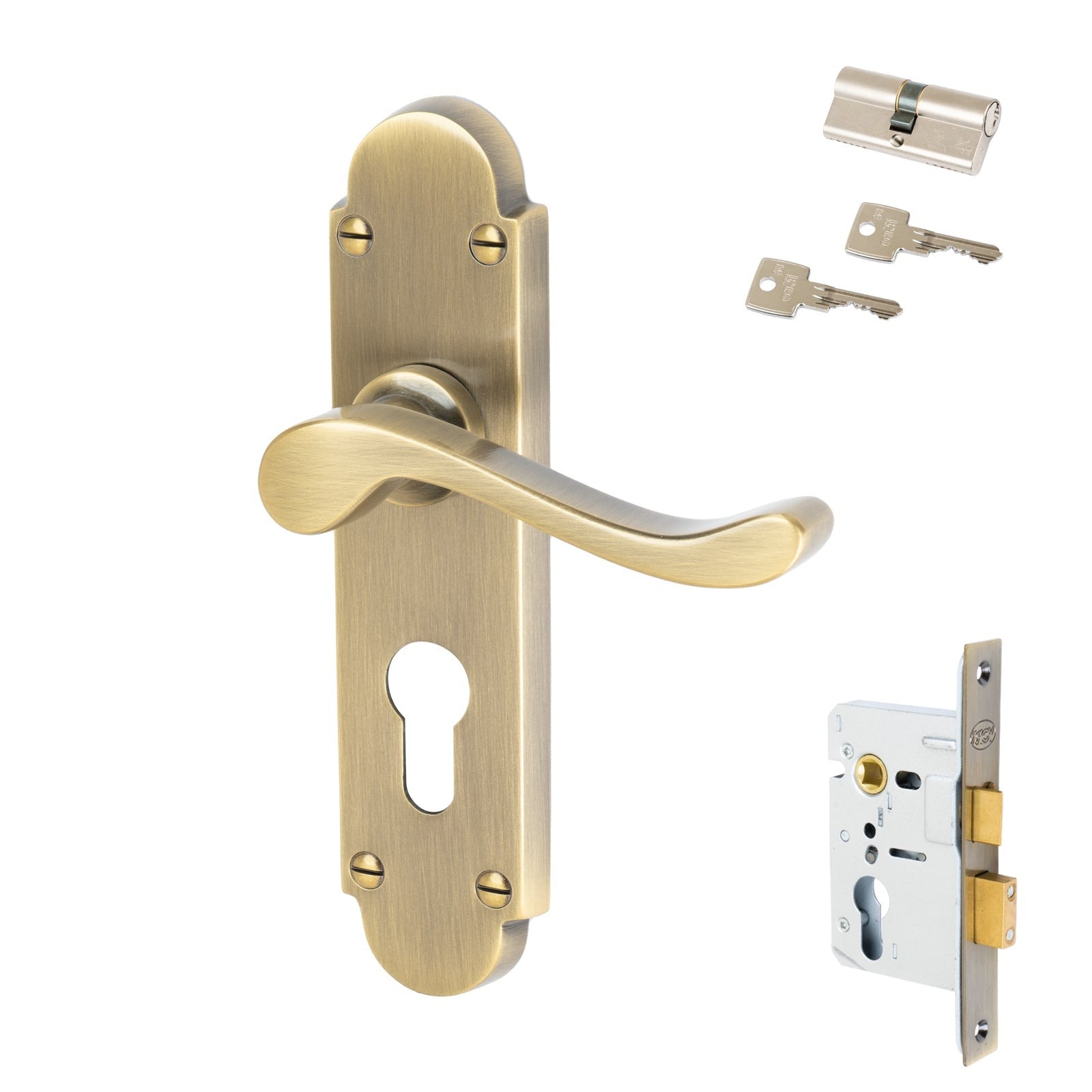 Savoy Door Handles On Plate Euro Lock Handle Set in Aged Brass