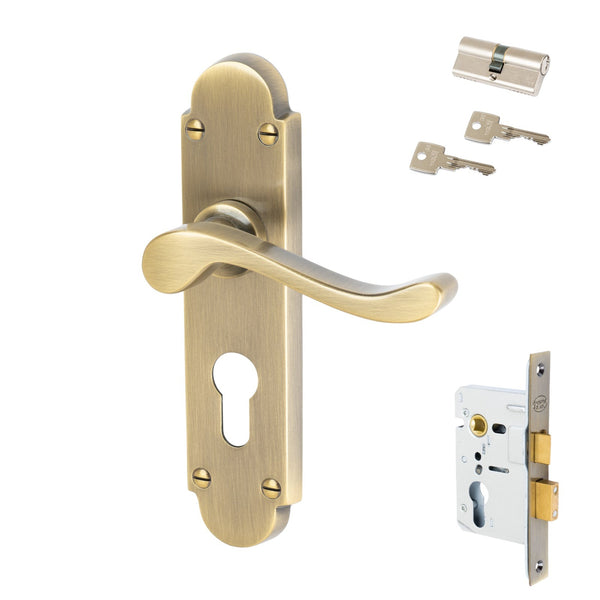 Savoy Door Handles On Plate Euro Lock Handle Set in Aged Brass