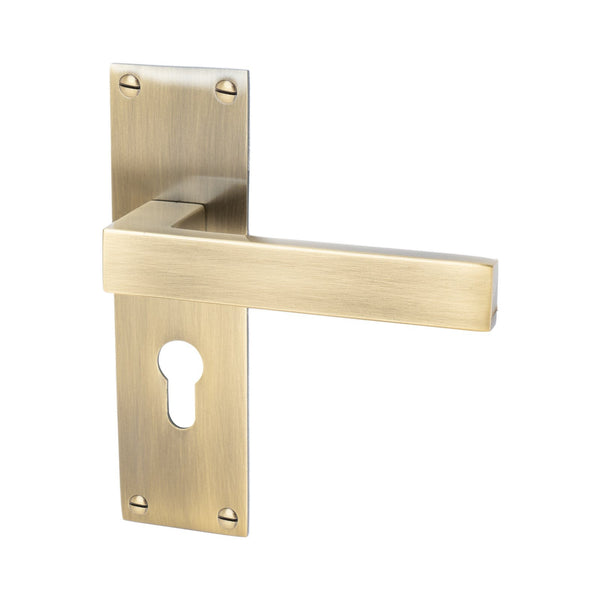 Metro Door Handles On Plate Euro Lock Handle in Aged Brass 