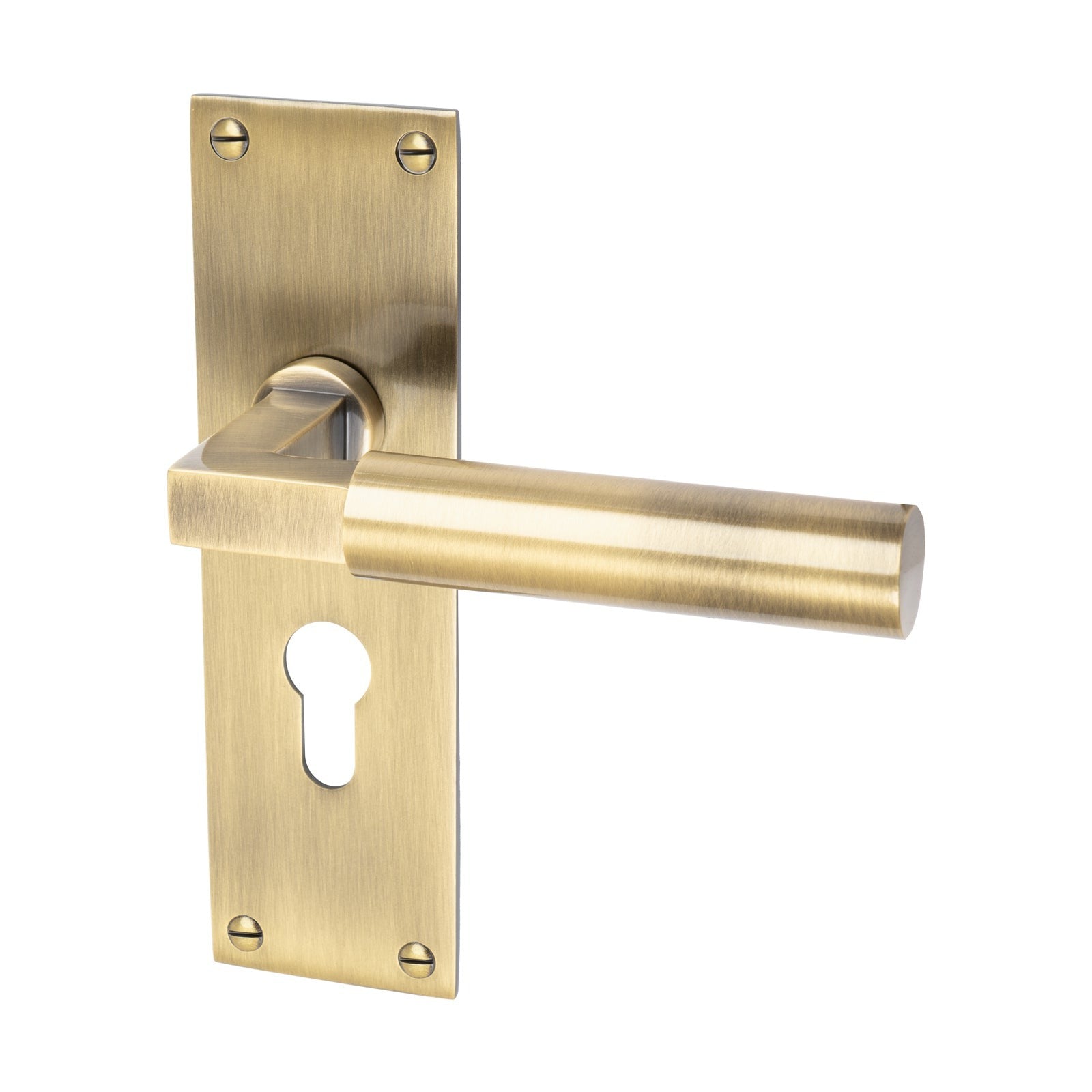 Bauhaus Door Handles On Plate Euro Lock Handle in Aged Brass 