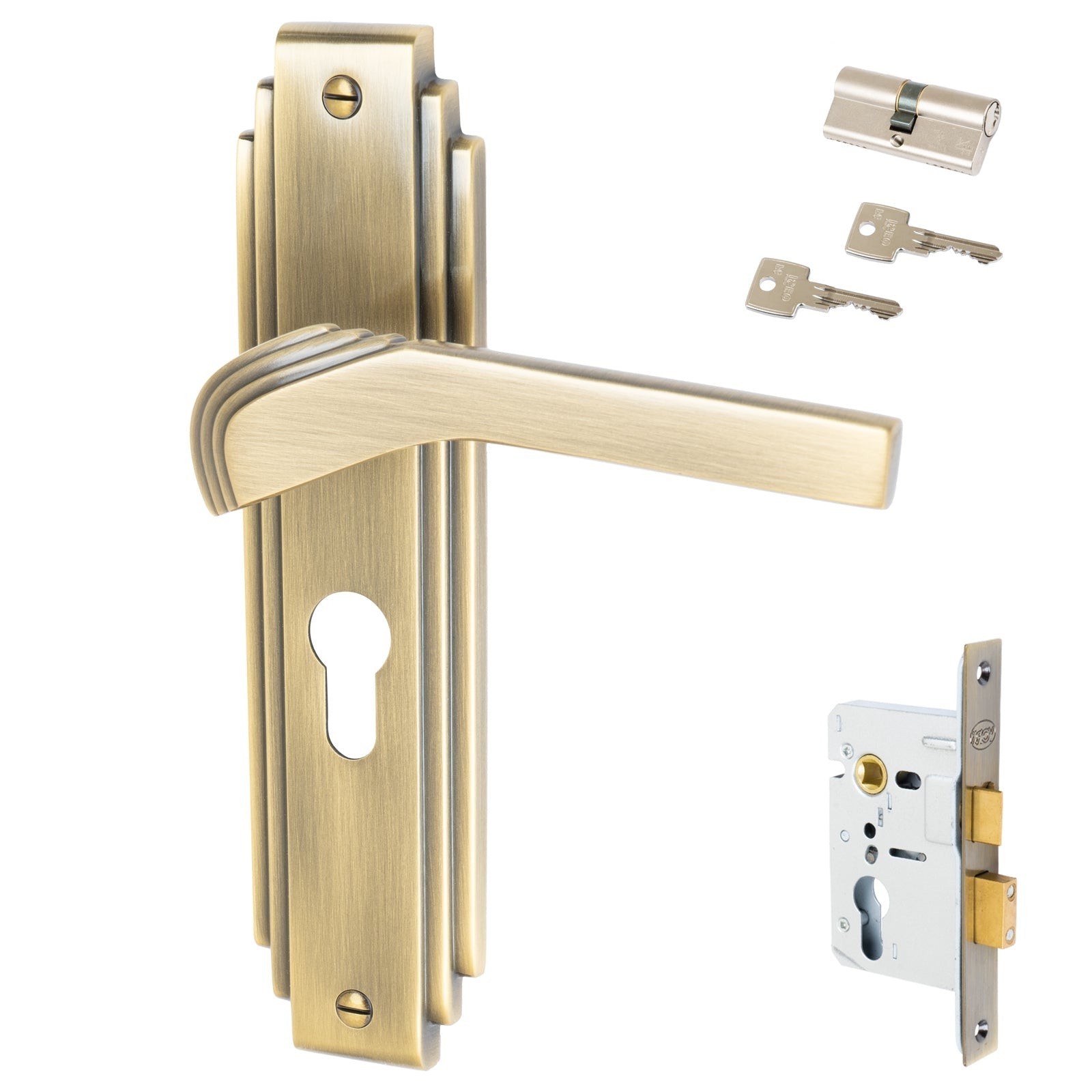 Tiffany Door Handles On Plate Euro Lock Handle Set in Aged Brass