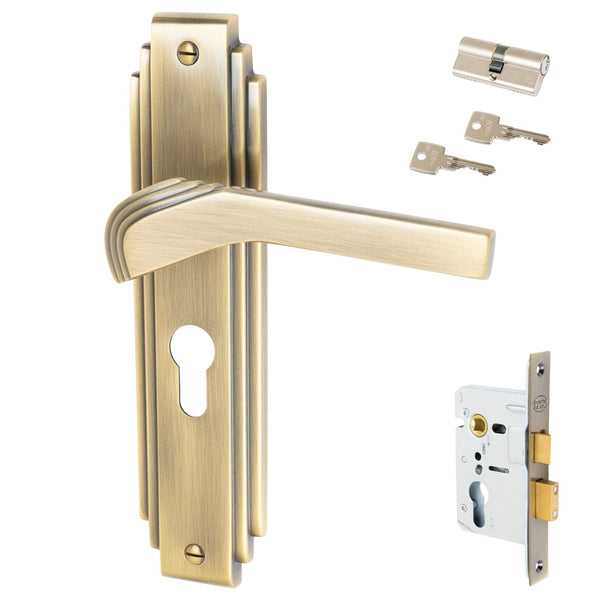 Tiffany Door Handles On Plate Euro Lock Handle Set in Aged Brass