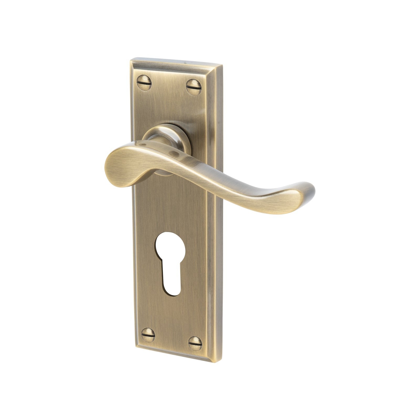 Edwardian Door Handles On Plate Euro Lock Handle in Aged Brass 